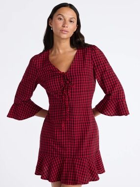 NWT Time and Tru Plaid Tie Front Mini Dress Red Balloon XS 0-2